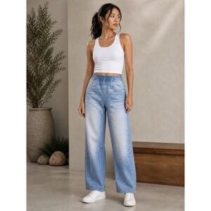 Mila Rosabella Womens Blue Trompe Loeil Denim Print Wide Leg Lounge Pants Size M